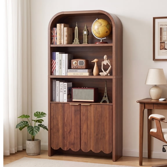 Weselon 70.86" Tall Arched Bookshelf with Fluted Doors, Modern Wooden Bookcase Cabinet, 5-Tier Walnut Display Shelf for Living Room Home Office