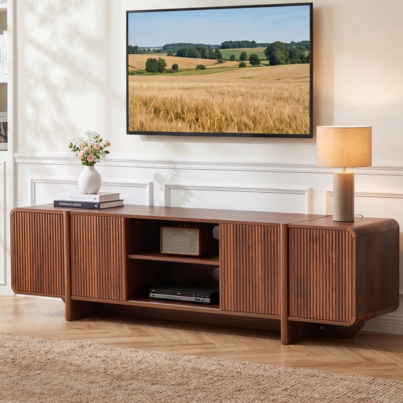 Weselon 70" Curved Edge TV Stand for TVs up to 75", Mid-Century Modern Entertainment Center with Sliding Doors, Walnut Media Console Storage Cabinet