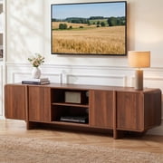 Weselon 70" Curved Edge TV Stand for TVs up to 75", Mid-Century Modern Entertainment Center with Sliding Doors, Walnut Media Console Storage Cabinet