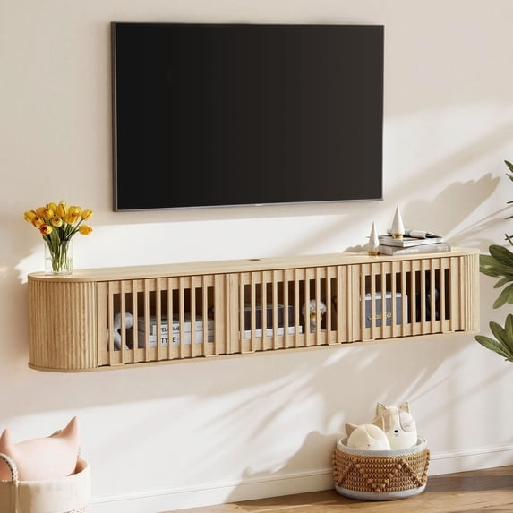 Weselon 71" Floating TV Stand for TVs up to 80 Inch, 2-in-1 Mid-Century Modern Wall Mounted or Floor Media Console with Slatted Doors, Natural