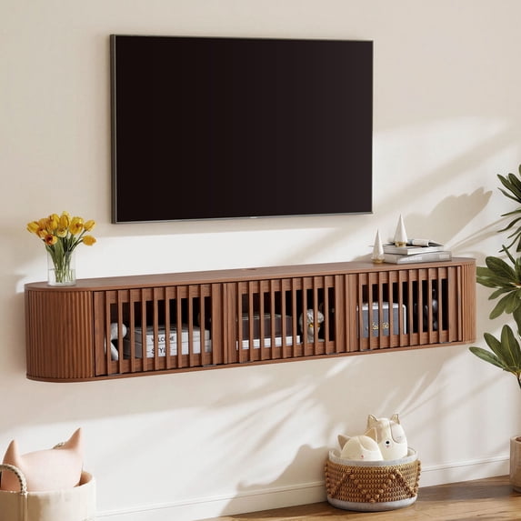 Weselon 71" Floating TV Stand for TVs up to 80 Inch, 2-in-1 Mid-Century Modern Wall Mounted or Floor Media Console with Slatted Doors, Walnut