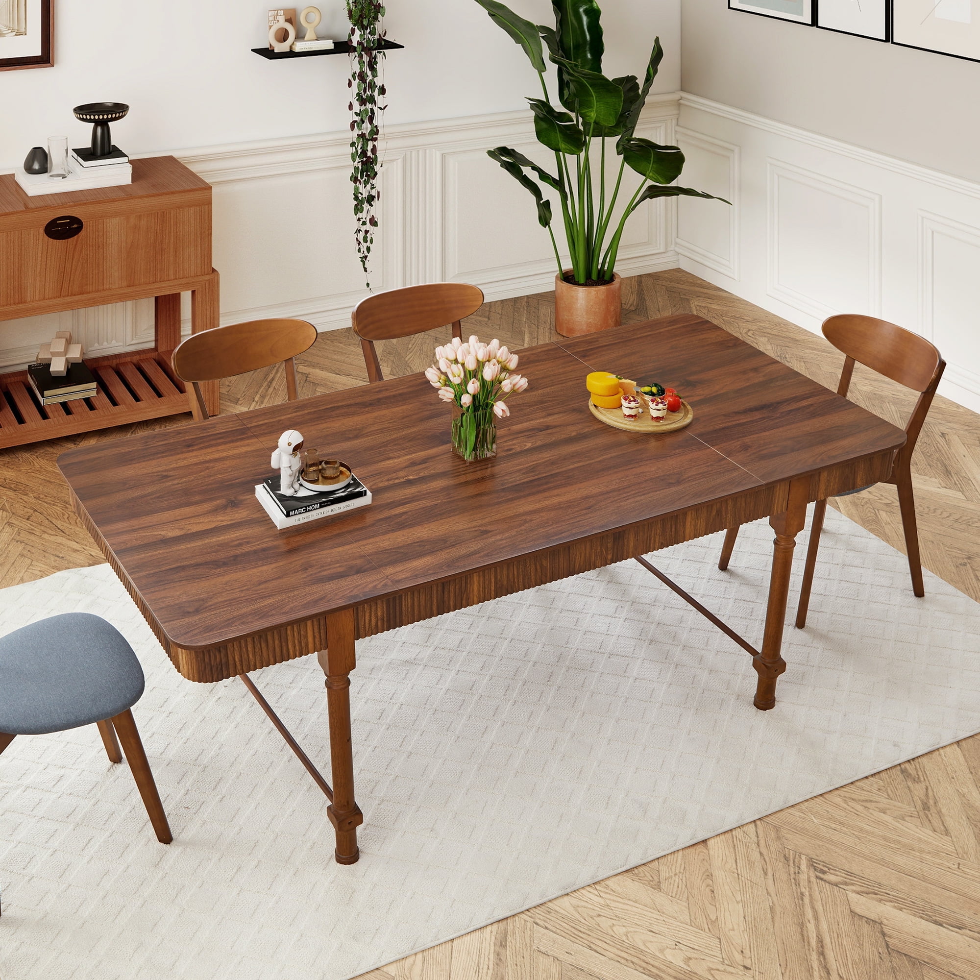 Weselon Square Dining Table with Drawers, Wood Fluted