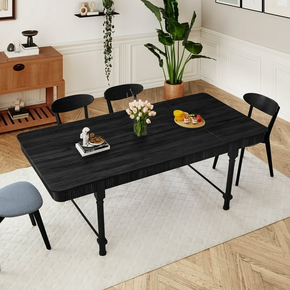 Weselon 78.74" Square Dining Table with 4 Drawers, Wood Fluted Dining Table with Storage Drawers, Seats up to 6,Large Kitchen Table for Casual Meals and Special,Dining Room, Black