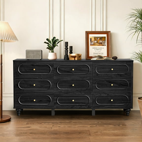 Weselon 9 Drawer Fluted Dresser for Bedroom, Mid Century Chest of Drawers with Arc Edge, Wood Storage Large Dresser Organizer for Bedroom Living Room Hallway Closet, Black