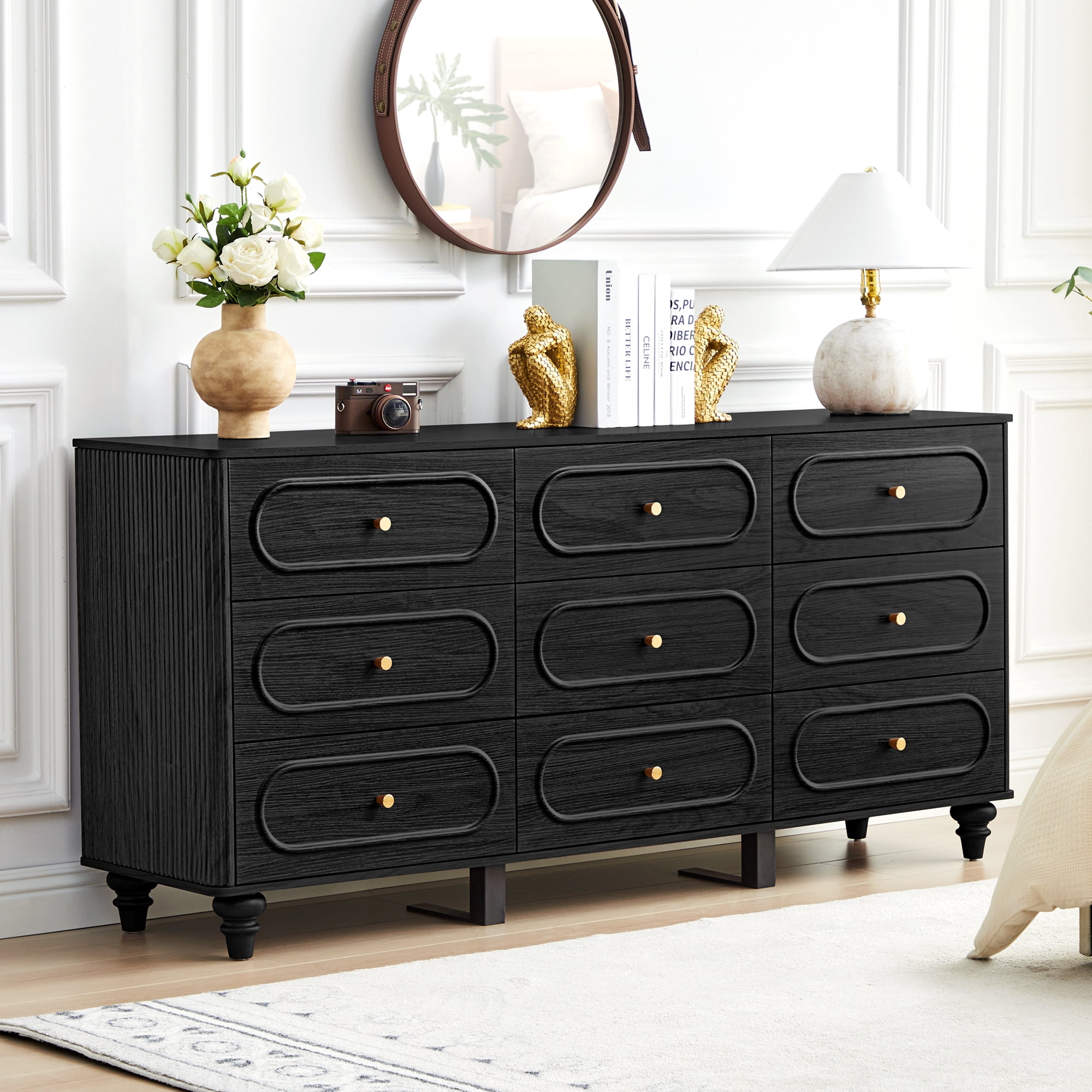 long dresser no mirror Weselon 9 Drawer Fluted Dresser for Bedroom, Mid Century Chest of Drawers  with Arc Edge, Wood Storage Large Dresser Organizer for Bedroom Living Room  Hallway Closet, brown