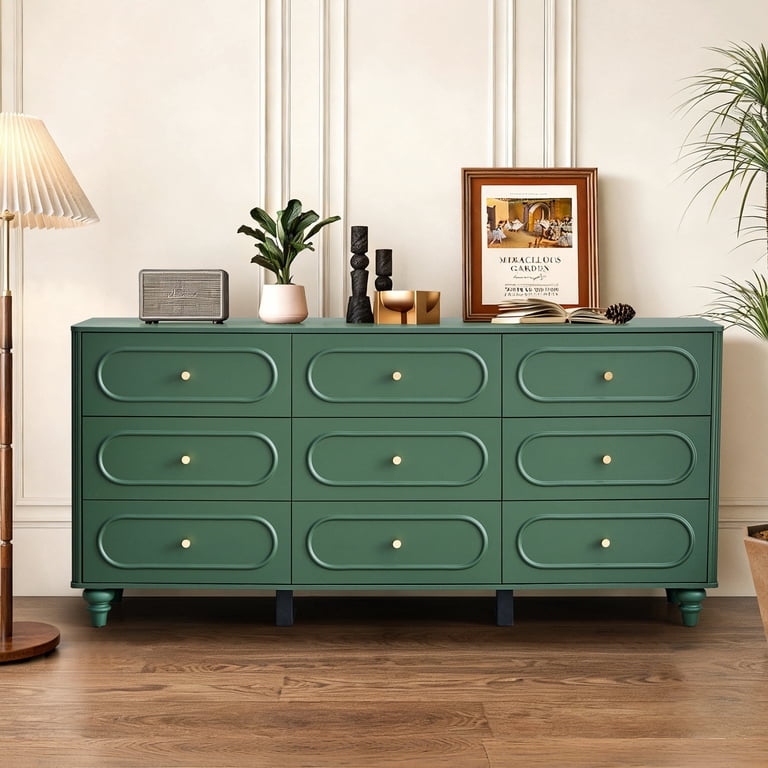 Weselon, 9 Drawer Fluted Dresser, Large Wood Storage with Arc Edge, Mid Century Hallway Closet