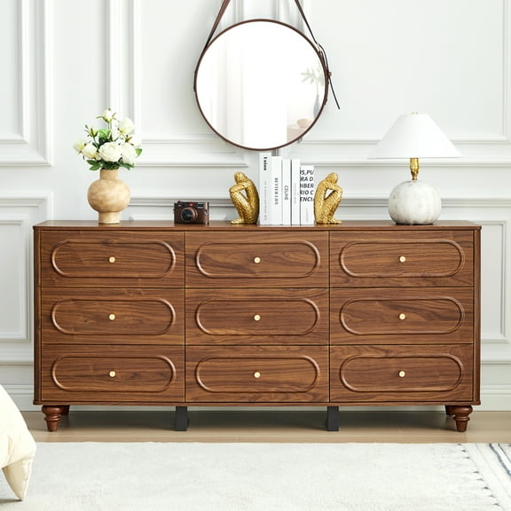 Weselon 9 Drawer Fluted Dresser for Bedroom, Mid Century Chest of Drawers with Arc Edge, Wood Storage Large Dresser Organizer for Bedroom Living Room Hallway Closet, brown