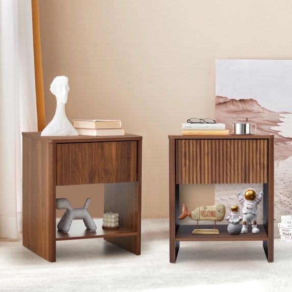 Weselon Modern Fluted Nightstand Set of 2, Curved Side Bedside Table with Drawer and Open Shelf for Bedroom, Walnut