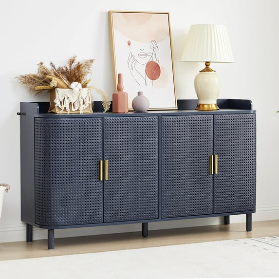 Weselon Farmhouse Sideboard Cabinet with 3 Rattan Doors,Kitchen Storage Cabinet with Adjustable Shelf and Metal Legs for Dining Living Room,Blue