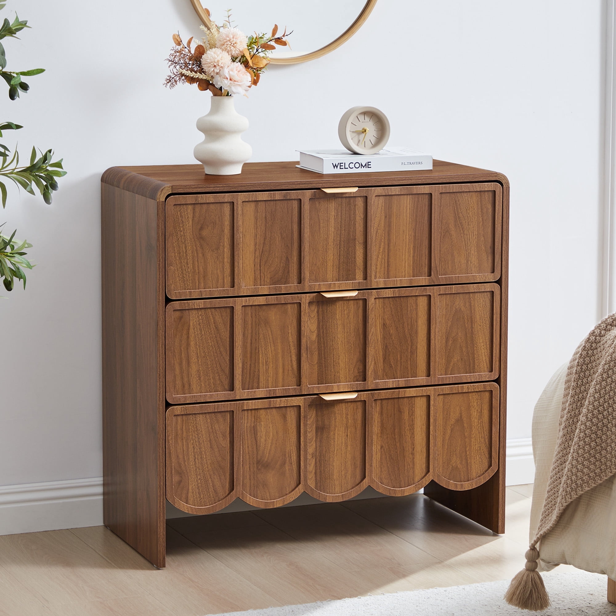 Weselon3 Drawer Dresser forBedroom, Wood Chest of Drawers, Wave Chest of Drawers, Dresser for Closet, Dresser Organizer, Vintage Storage Cabinet Organizer for Bedroom and Entryway, Walnut