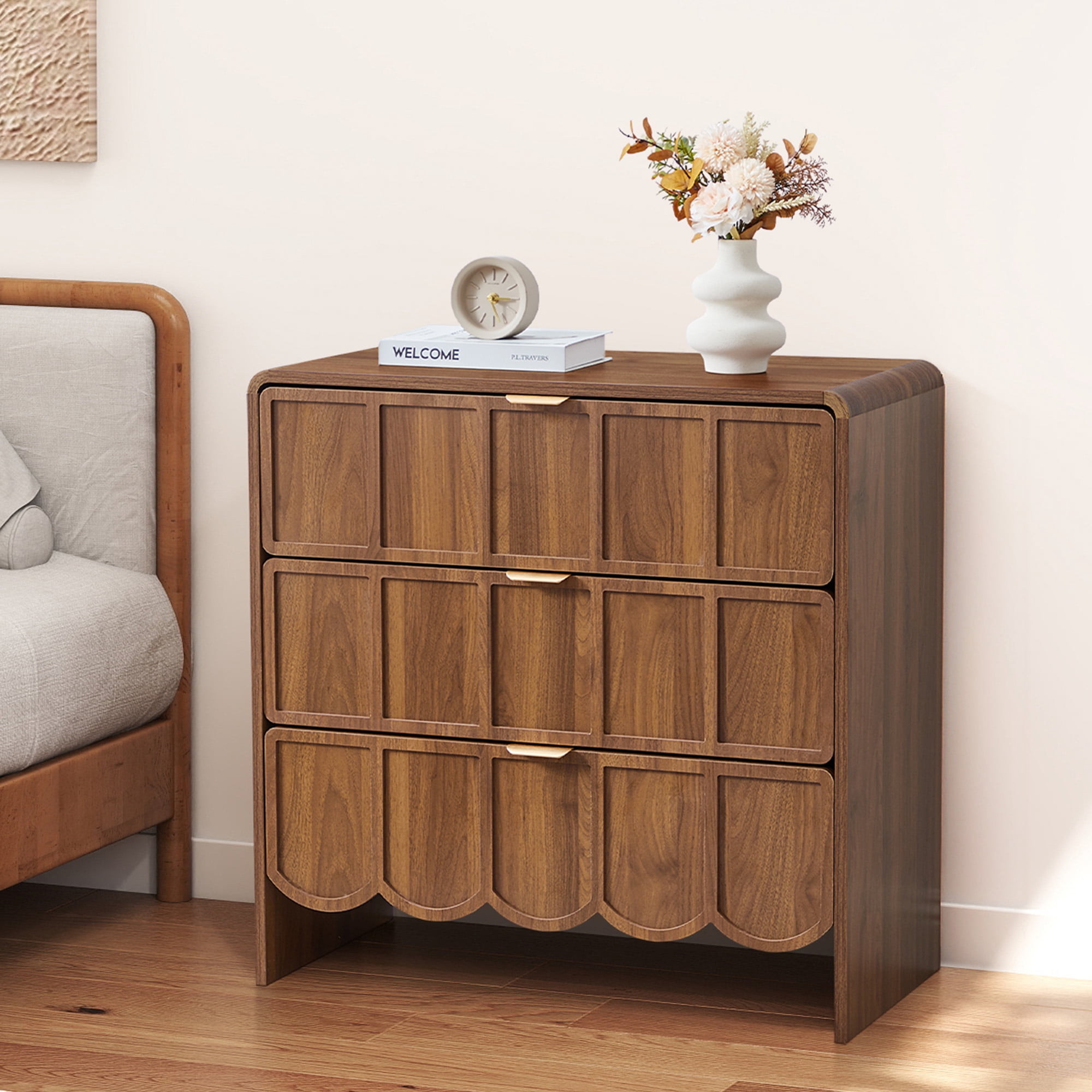 Weselon 3 Drawer Dresser for Bedroom, Modern Wave Panel Chest of Drawers, Closet Storage Cabinet, Walnut