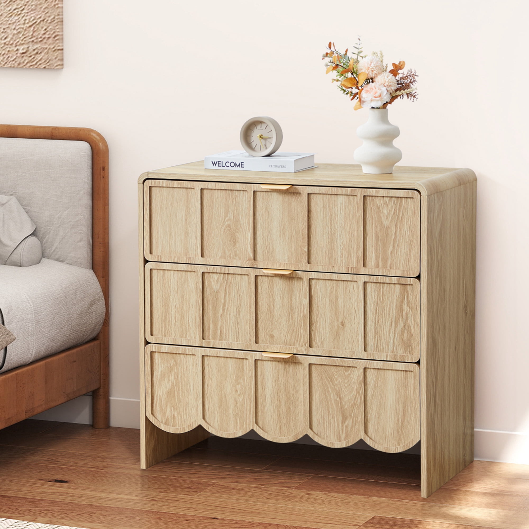 Weselon 3 Drawer Dresser for Bedroom, Modern Wave Panel Chest of Drawers, Closet Storage Cabinet, Oak