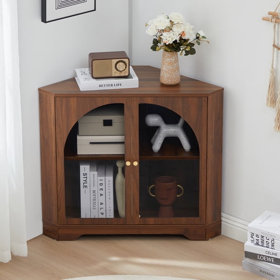 Weselon Mid Century Small Corner Storage Cabinet with 2 Acrylic Doors, Brown
