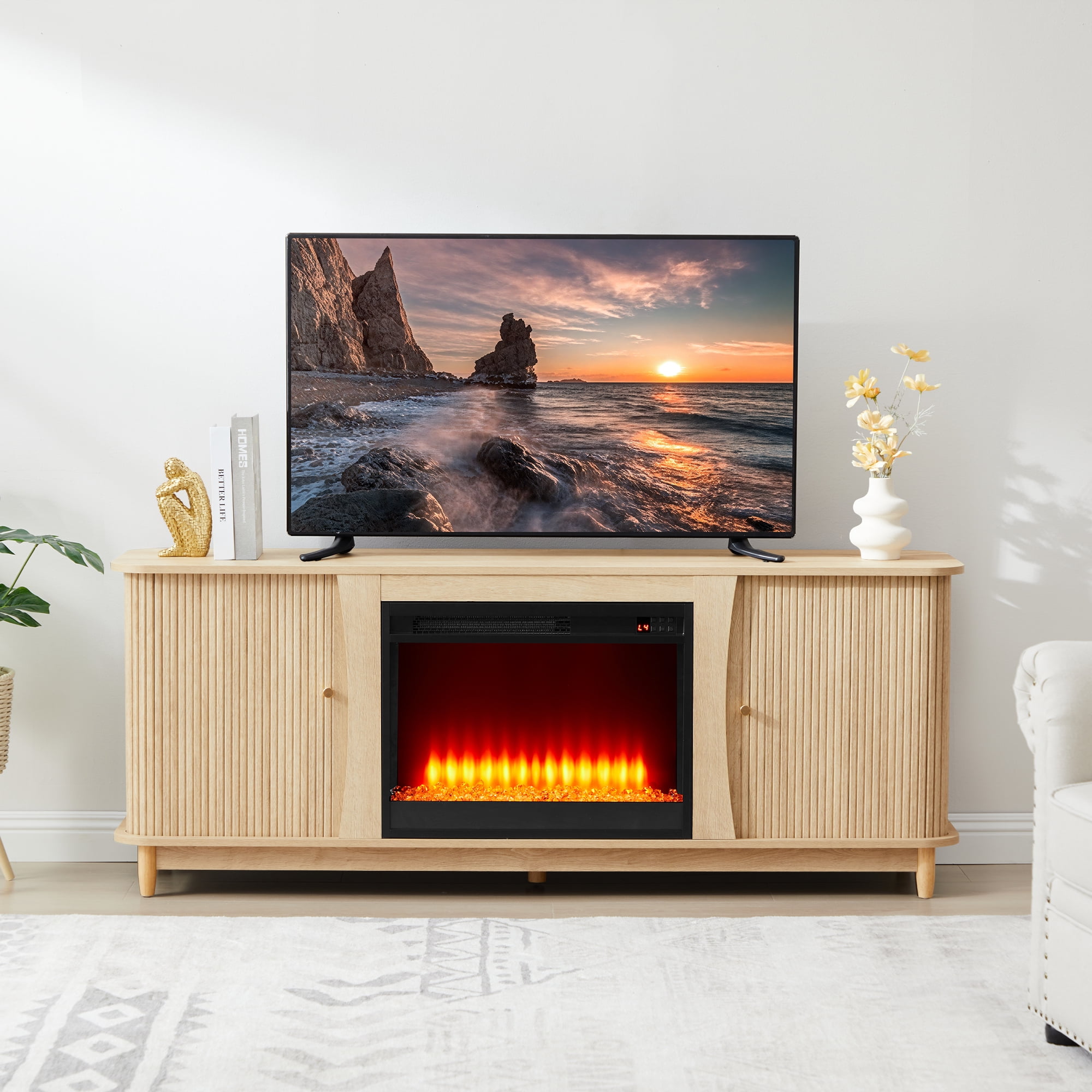 Weselon Modern Curved 63" Fireplace TV Stand with 24" Electric Fireplace for TVs Up to 60", Entertainment Center with Storage Drawer and Open Shelves,Oak