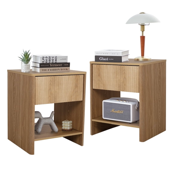 Weselon Modern Fluted Nightstand Set of 2, Curved Side Bedside Table with Drawer and Open Shelf for Bedroom, Natural Oak