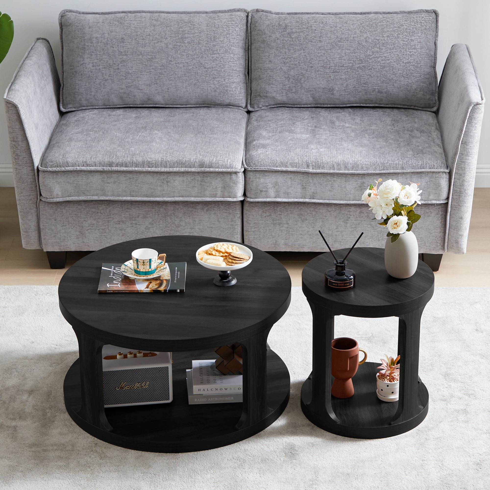 Weselon Round Coffee Table Set of 2, Black Nesting Wood Coffee Table ...