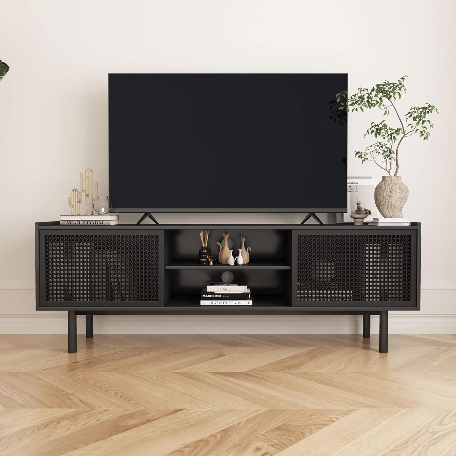 Weselon TV Stand for 70" TVs, Iron Rattan Storage Cabinet