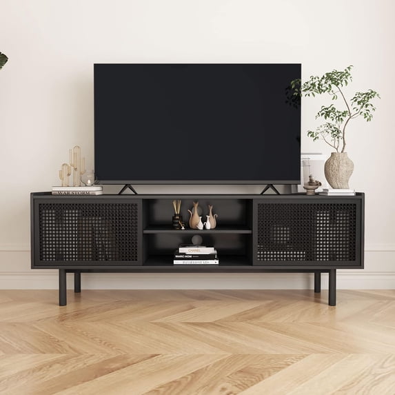 Weselon TV Stand for TVs Up to 70 Inch, Accent Iron Rattan Storage Cabinet Television Stands Entertainment Media Center Console Table with Sliding Barn Door and Adjustable Shelves for Living Room