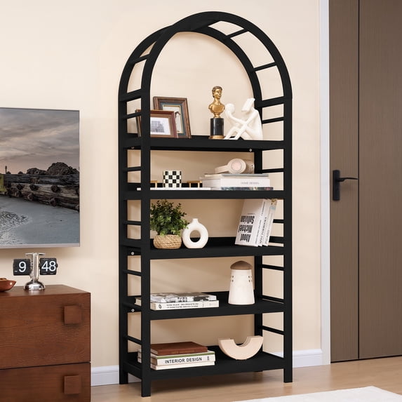 Weselon Tall Arched Bookshelf with 5-Tier Open Display Shelf , Mid Century Modern Fluted Bookshelf , Farmhouse Large Bookcase for Bedroom/Living Room(Black)