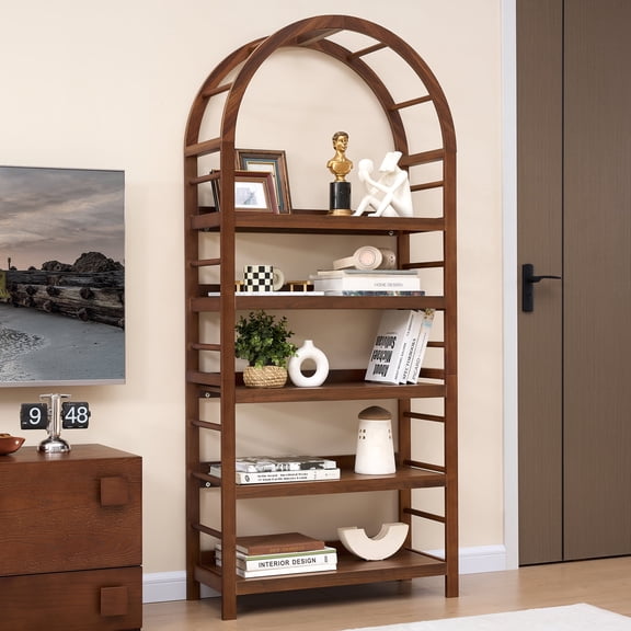 Weselon Tall Arched Bookshelf with 5-Tier Open Display Shelf , Mid Century Modern Fluted Bookshelf , Farmhouse Large Bookcase for Bedroom/Living Room(Walunt)