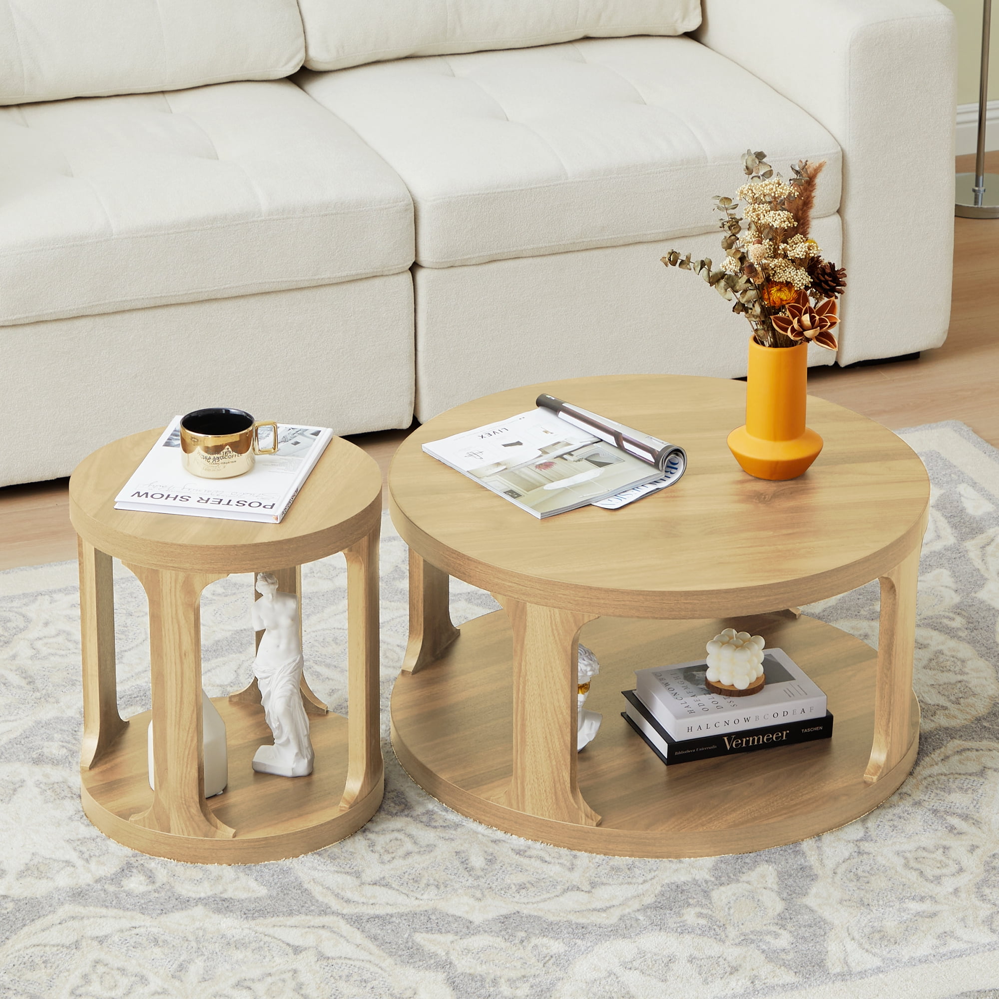 Weselon Wood  Nesting Coffee Table Set of 2, Natural Round Coffee Table with 2-Tier Storage Shelf, Rustic Center Table, Circle Coffee Table for Living room Bedroom, Small Table for Small Space