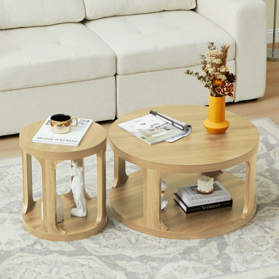 Weselon Wood Nesting Coffee Table Set of 2, Natural Round Coffee Table with 2-Tier Storage Shelf, Rustic Center Table, Circle Coffee Table for Living room Bedroom, Small Table for Small Space