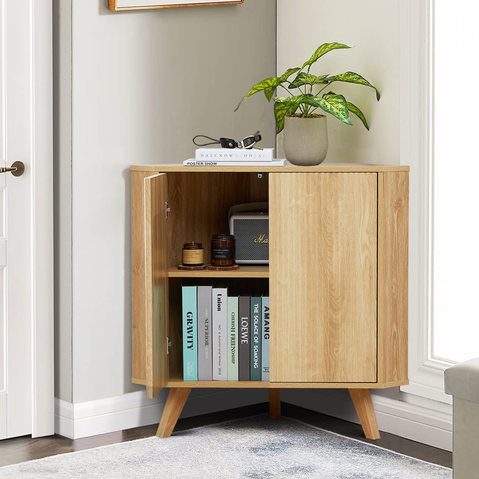 Weselon Wooden Triangular Bathroom Floor Corner Cabinet with Double Door, Freestanding Wooden Storage Cabinet Floor Organizer for Bathroom（Natural）