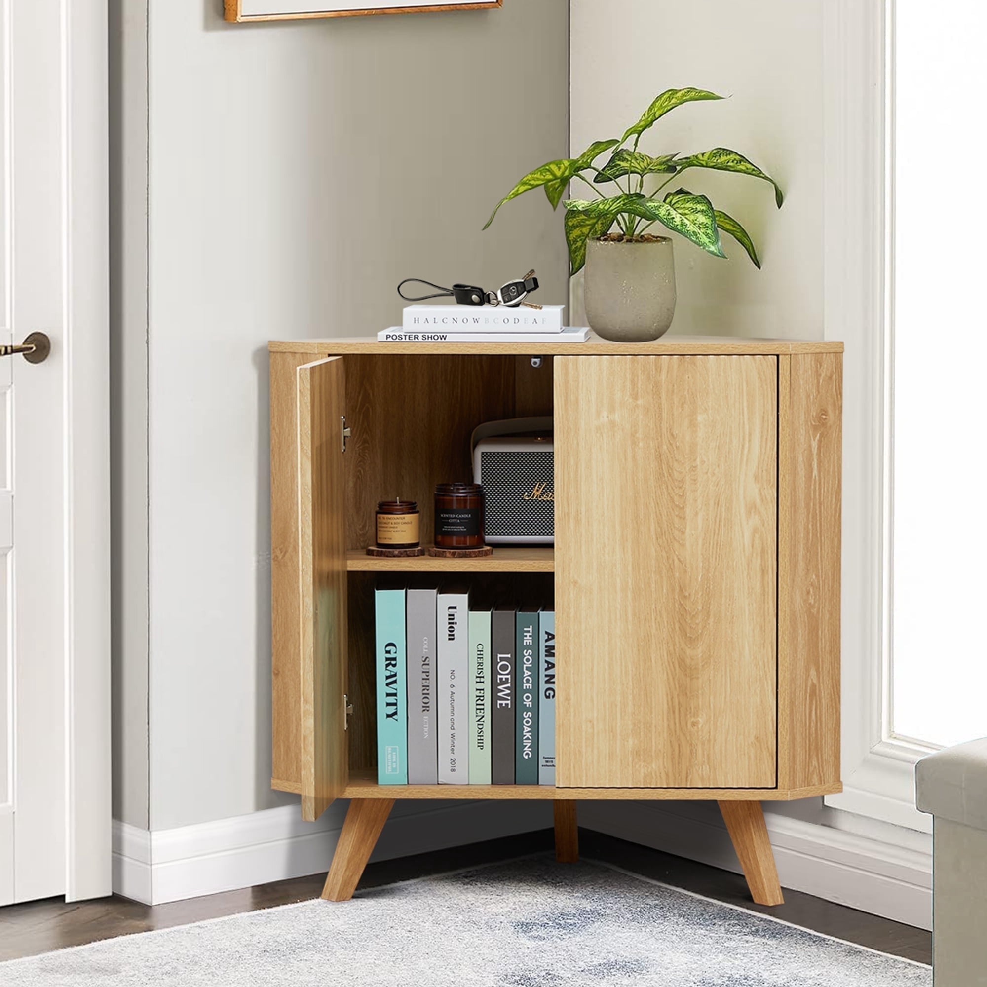 Weselon Wooden Triangular Bathroom Floor Corner Cabinet with Double Door, Freestanding Wooden Storage Cabinet Floor Organizer for Bathroom（Natural）