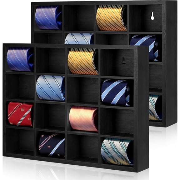 Wesiti Tie Box Organizer Wall Mounted Rack with 16 Compartments Bamboo Belt Holder for Men Scarf Necktie Home Closet(Black Color,2 Pieces)