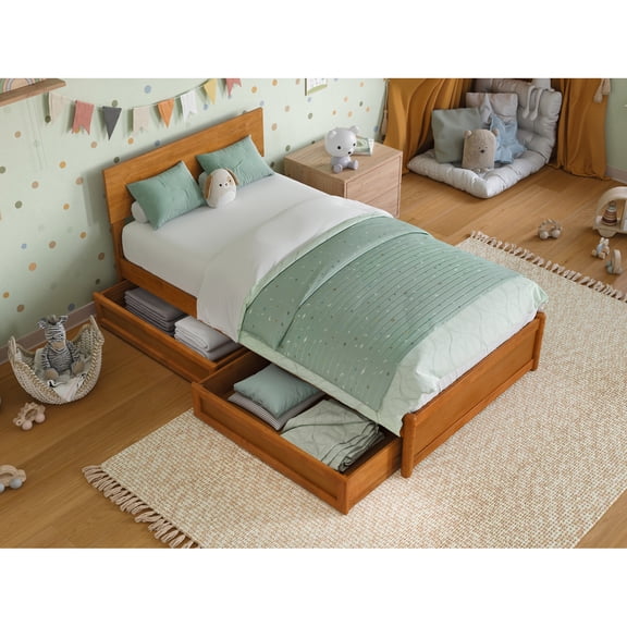 Wesley Twin Wood Platform Bed with Panel Footboard & Drawers in Light Toffee