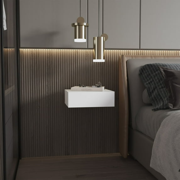 Wesley White Wall-Mounted Floating Nightstand with Drawer