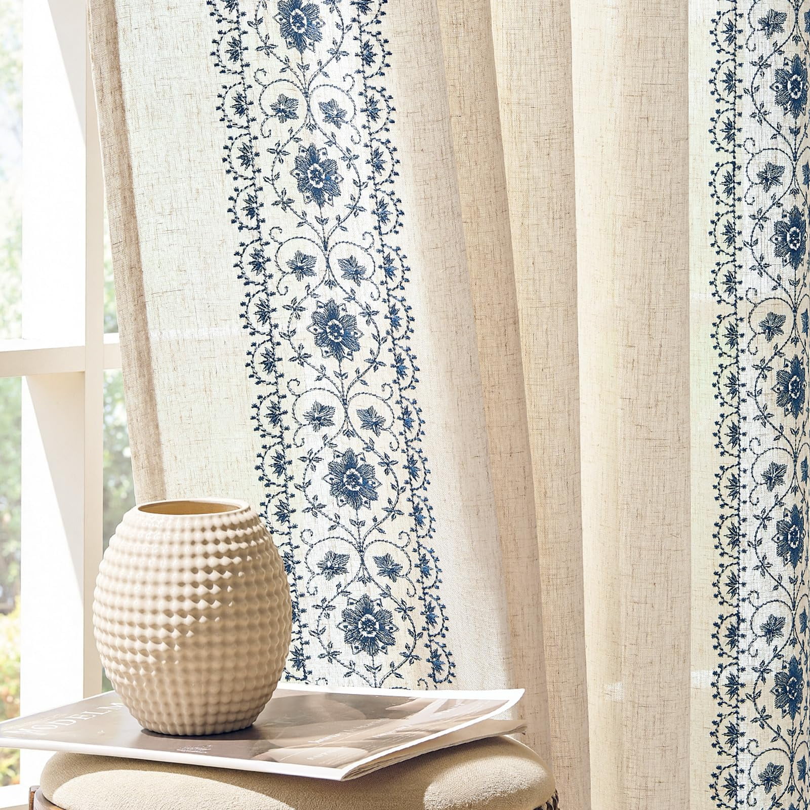 Weslie Boho Curtafor Bedroom Blue Vintflfarmhouse 84 Inches Long Linen ...