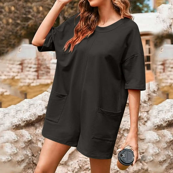 Wesltd Womens Summer Casual Romper Short Sleeve Crewneck Shorts Jumpsuit with Pockets