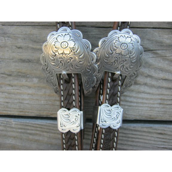 West 74 Dark Brown Leather 5/8" One Ear 2 Piece Engraved Nickel Buckle Headstall