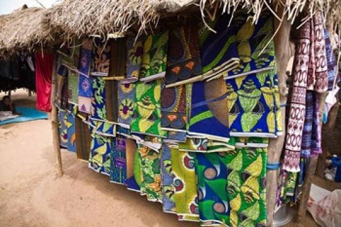 West Africa Benin Textiles in thatched market Canvas Art - Aldo Pavan DanitaDelimont (24 x 15)