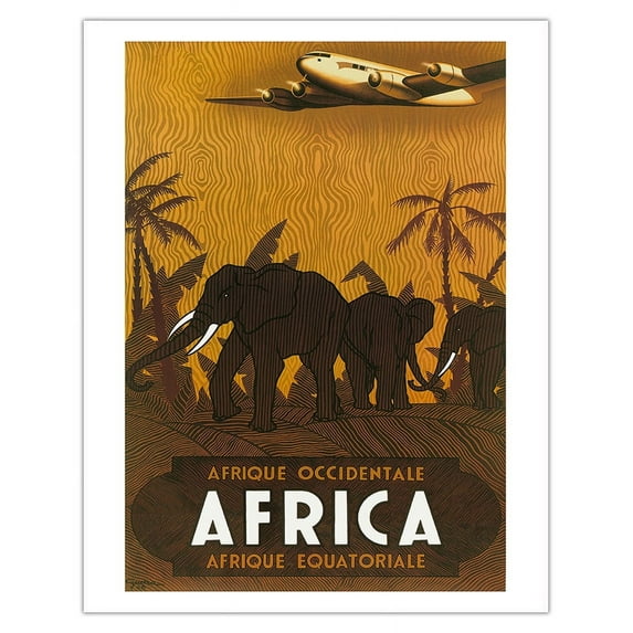 West Africa - Equatorial Africa - Elephants - Vintage Airline Travel Poster by Vincent Guerra c.1946 - Fine Art Matte Paper Print (Unframed) 11x14in