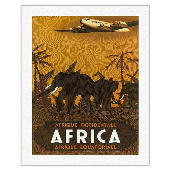 West Africa - Equatorial Africa - Elephants - Vintage Airline Travel Poster by Vincent Guerra c.1946 - Fine Art Rolled Canvas Print 20in x 26in