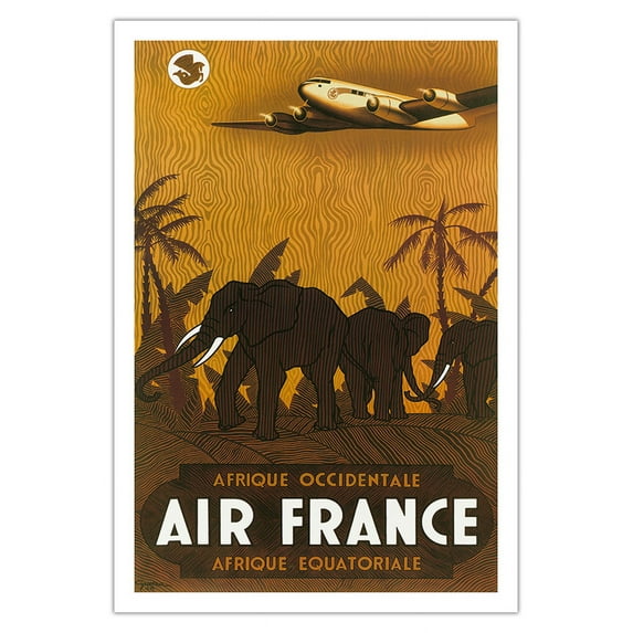 West Africa - Equatorial Africa - France - Elephant - Vintage Airline Travel Poster by Vincent Guerra c.1948 - Fine Art Matte Paper Print (Unframed) 30x44in