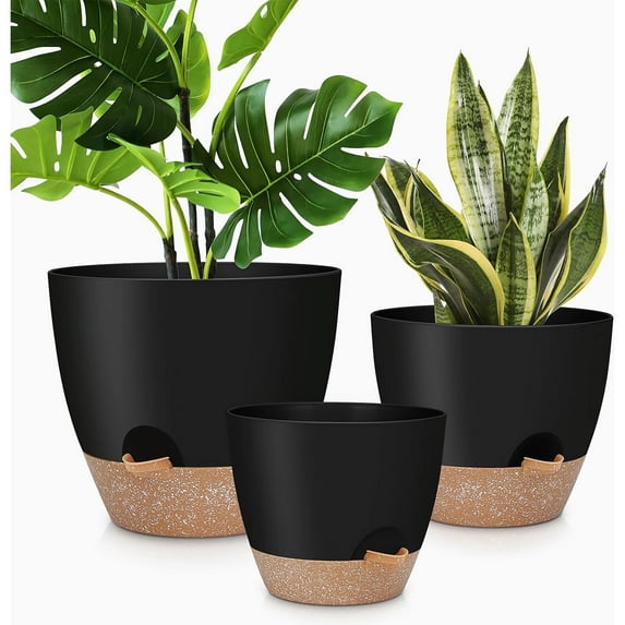 West Bay 12" 10" 9" Large Self Watering Plant Pots, 3 Pack Flower Pots Planters with Multi Mesh Drainage Holes for Indoor Outdoor Garden Plants and Flowers (Black)