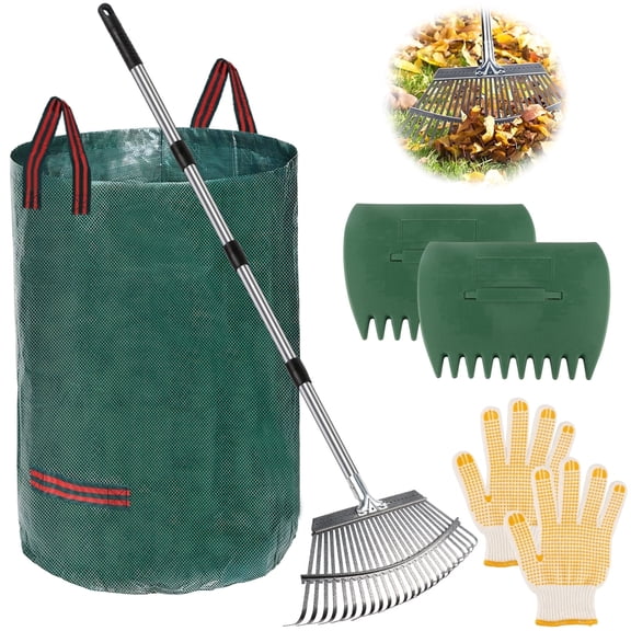 West Bay 56" Rake for Leaves, 25 Tines Heavy Duty Adjustable Metal Garden Rake Set with Leaf Scoops & Collector Bag, 3-in-1 Leaf Collection Tool for Yard Lawns