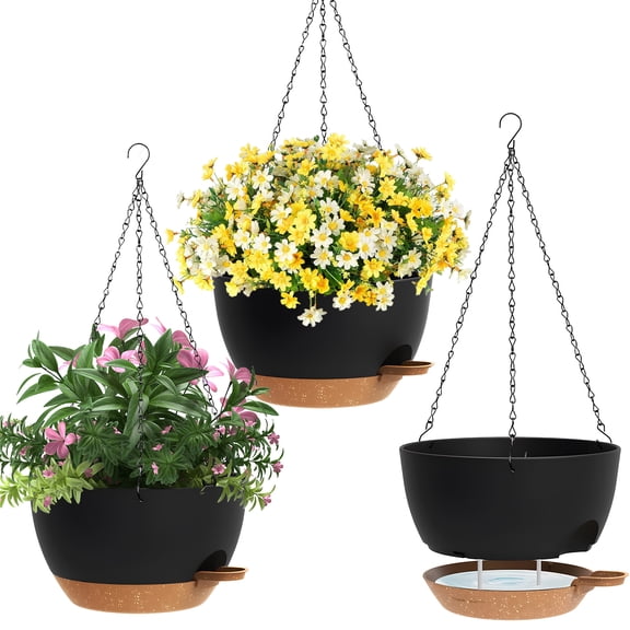 West Bay 3 Pack 10 Inch Hanging Flower Pot for Indoor with Self Watering Drainage Holes, Hanging Planters Plant Baskets with Chains for Outdoor Patio Garden(Black Brown)
