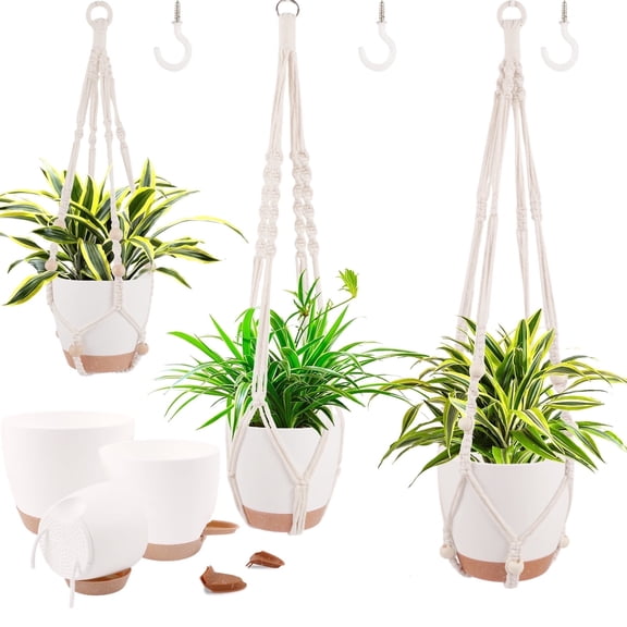 West Bay 3 Set Hanging Planters with Macrame Plant Hangers for Indoor Outdoor Plants Self Watering Pots Hanging Baskets Flower Pot Holders (White)