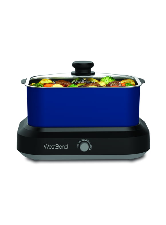 West Bend 87905B Large Capacity 5-Quart Non-Stick Versatility Cooker with 5 Different Temperature Control Settings Dishwasher Safe Includes A Travel Lid & Thermal Carrying Case, Blue