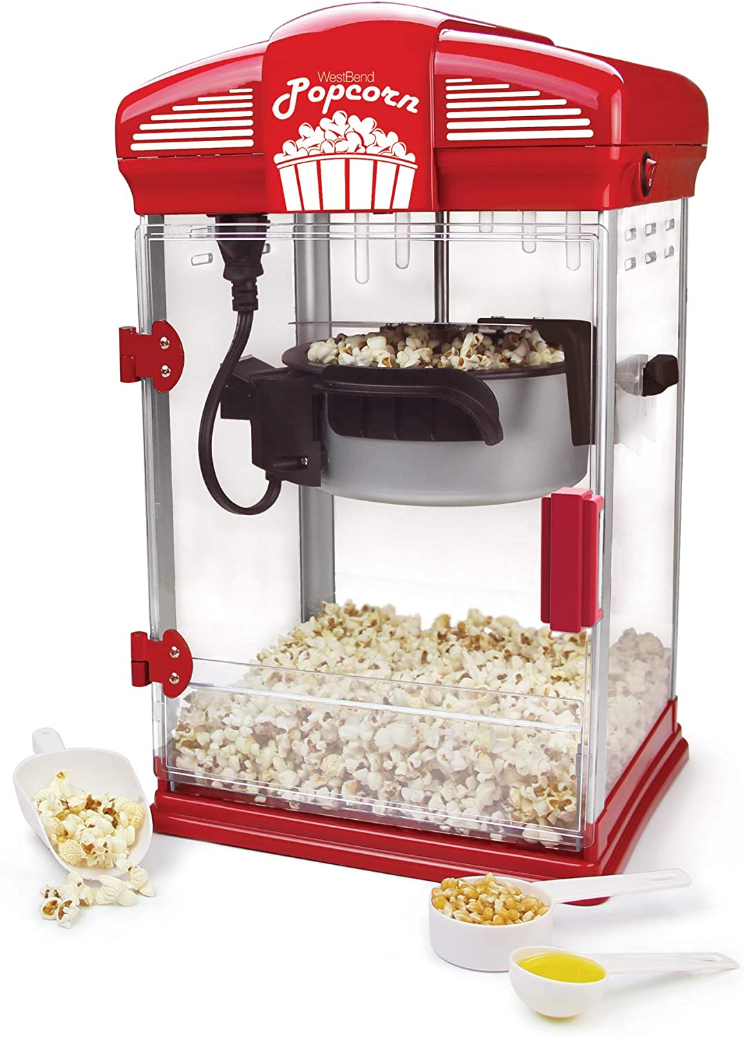 West Bend Hot Oil Theater Style Popcorn Popper Machine with Nonstick Kettle Includes Measuring Tool and Serving Scoop, 4-Ounce, Red - image 1 of 3