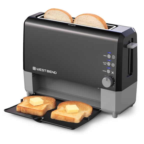 West Bend QuikServe Toaster, 2-Slice Wide-Slot Slide-Through Bread with Bagel and Gluten-Free Settings and Cool-Touch Exterior Fast Toasting, Includes Removable Serving Tray, 1400-Watts, Black Y101