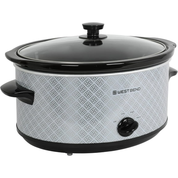 West Bend SCWB6QTSV13 Slow Cooker 6-Quart Manual Crockery Style with Oval Ceramic Crockpot and Glass Lid, 330-Watts, Silver