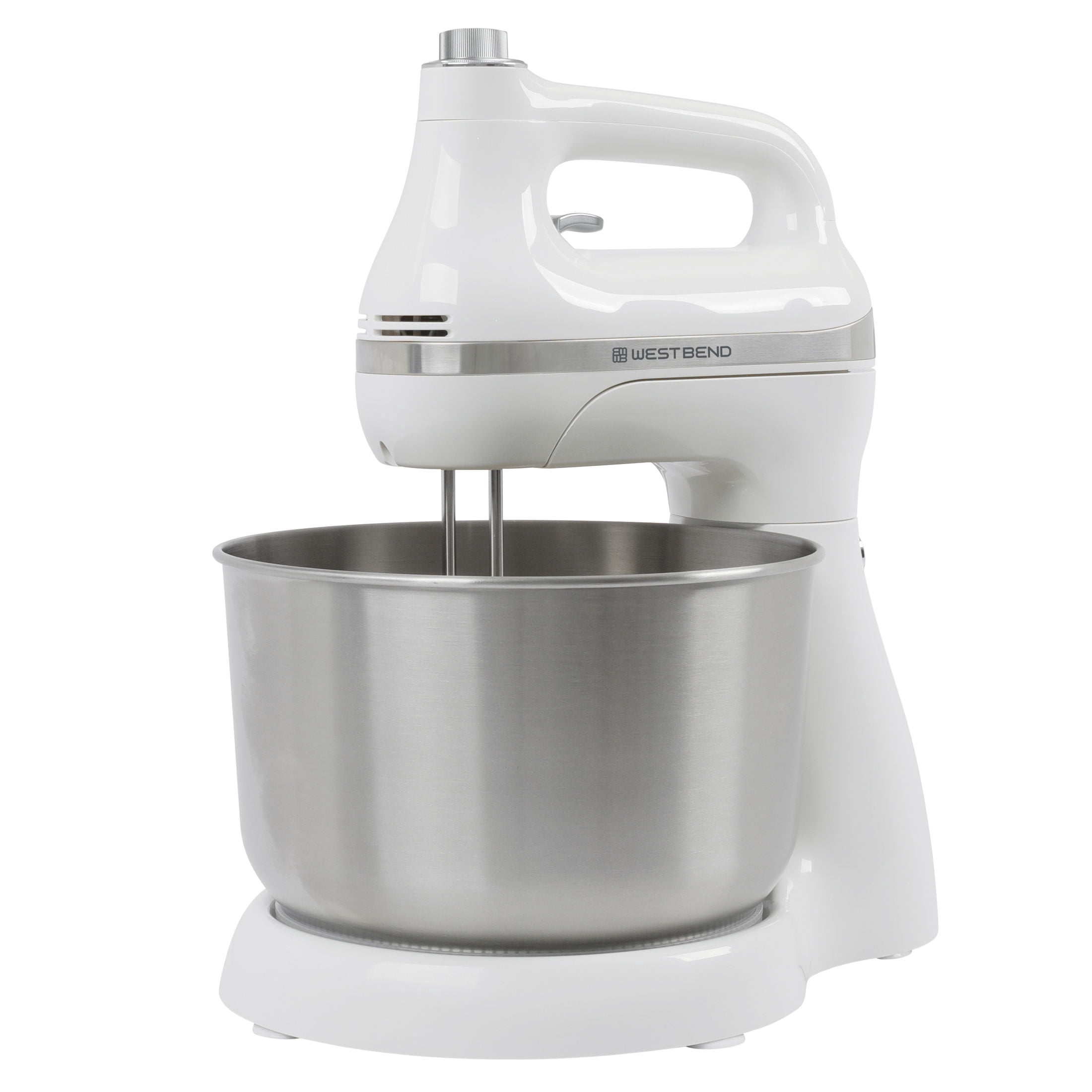 West Bend Two Sweet 2-in-1 Mixer, 4.4 Qt Capacity, Hands-Free Stand or Hand Mixer, 11 Speeds, Stainless Steel Bowl, in White (SMWB2N1WH13)