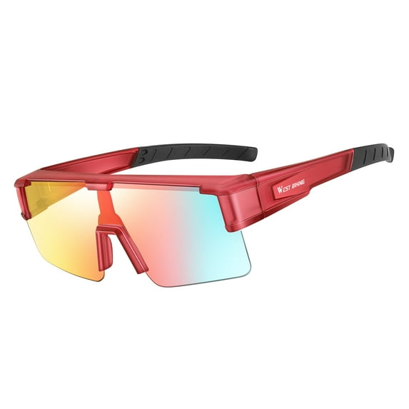 West Biking Photochromic Sports Glasses UV Protection Sunglasses Over for Glasses, Red Frame Colorful Lens