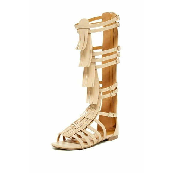 West Blvd Nairobi Nude Leather Flat Open Toe Knee High Gladiator Fringe Sandals (Beige, 6.5)