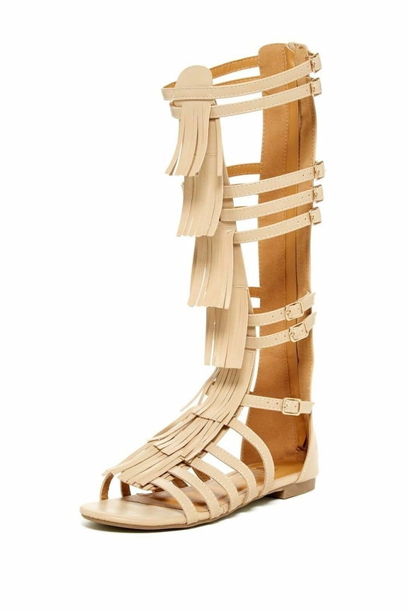 Nairobi Nude Leather Flat Open Toe Knee High Gladiator Fringe Sandals (Beige, 6.5)